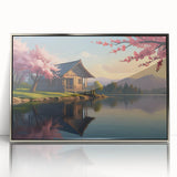 Mid-century modernist art depicting architectural houses in muted earth tones on a framed acrylic print.