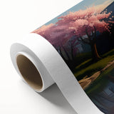 Art Deco poster of stylized buildings in pastel colors on rolled canvas, ideal for nursery wall art.