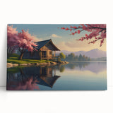 Large stretched canvas featuring a mid-century modernist architecture design in muted earth tones.