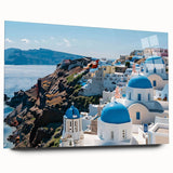 Large abstract wall art on acrylic glass depicting geometric shapes in muted blues and grays.