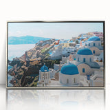 Mid-century modernist art featuring geometric houses in muted earth tones on a framed acrylic.