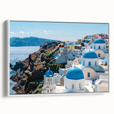 Vintage poster art of colorful houses on extra large framed canvas, ideal for living room decor.