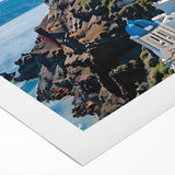 Art deco poster featuring streamlined geometric houses in muted beige and brown tones on rolled canvas.