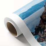 Art Deco poster featuring a stylized cityscape in muted gold and navy tones on rolled canvas.