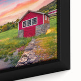 Black wall art featuring a close-up of colorful, textured architecture houses on a framed canvas.