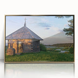Mid-century modernist architecture in muted earth tones on a framed acrylic print, suitable for modern art wall decor.