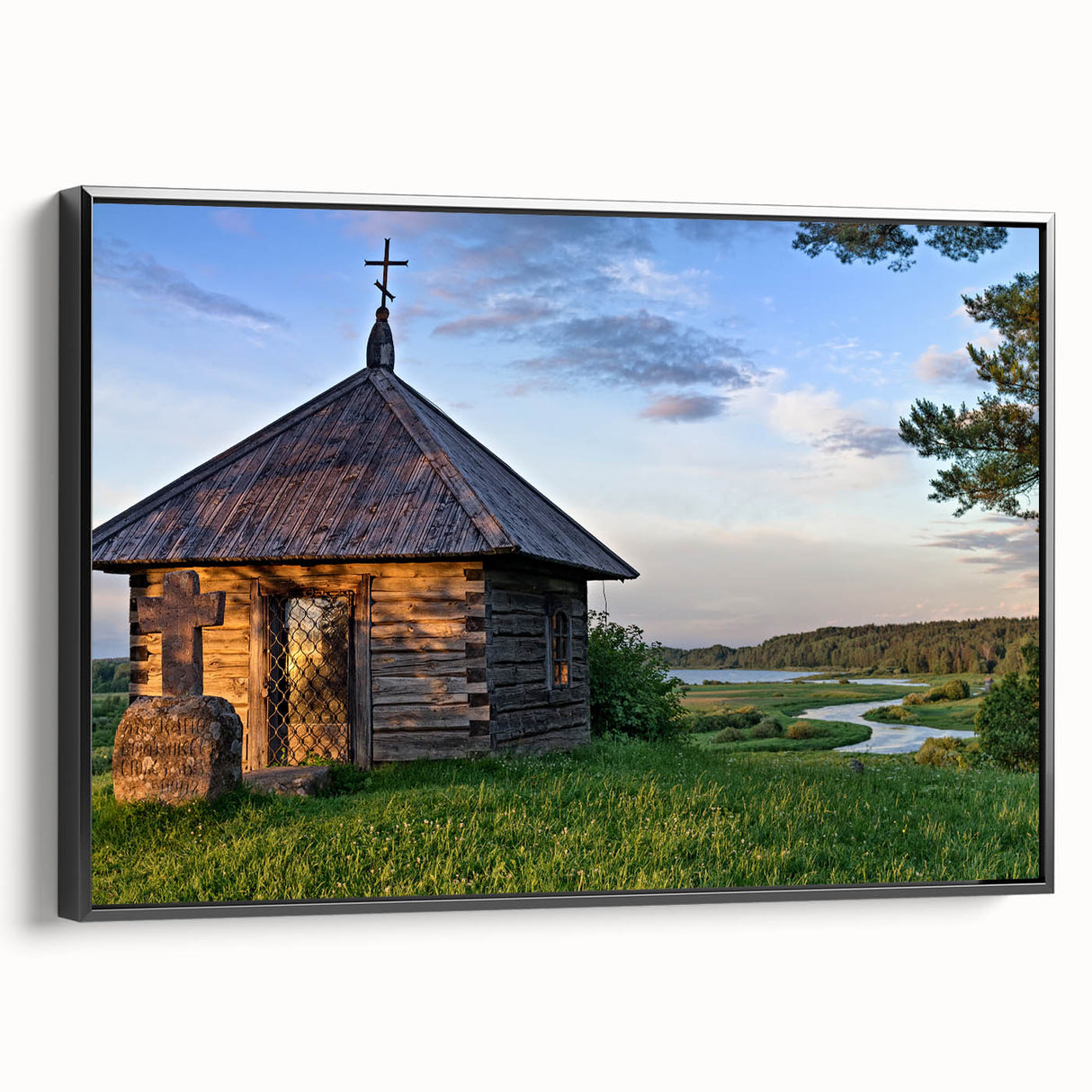 Black and white vintage poster art of landscape houses on framed canvas, suitable for bedroom wall decor.