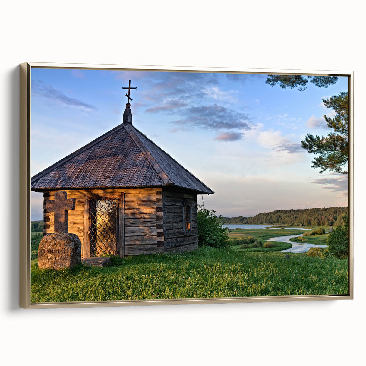 Framed canvas wall art depicting a vintage-style black landscape painting, ideal for bedroom decor.