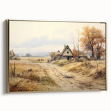 Framed canvas depicting a vintage-style landscape with muted earth tones, ideal for bedroom wall art.