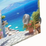 Large abstract wall art in mid-century modernist style on acrylic glass, featuring geometric shapes in muted colors.