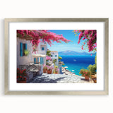 Textured art depicting abstract, multicolored houses, framed in silver, ideal for bedroom wall decor.