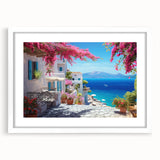 Abstract art prints of architectural houses in muted gray and blue tones on a framed white mat.