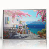 Art deco poster featuring a series of stylized houses in muted colors on white acrylic, ideal for modern nursery wall decor.