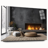 Large abstract wall art on acrylic glass, featuring swirling blue and gray tones, ideal for bedroom or dining room decor.