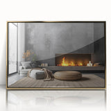 Large art print of a mid-century modernist architectural design in gold and white tones, framed acrylic.