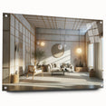 Large abstract wall art in acrylic glass, featuring swirling blue and gray tones, suitable for bedroom or dining room decor.