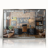 Mid-century modernist art depicting geometric shapes in muted tones on a framed acrylic, suitable for modern art wall decor.