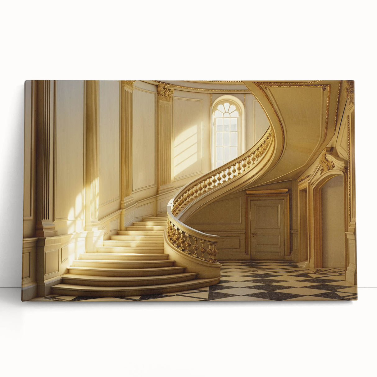 Large black and white photo of an architectural design on stretched canvas, ideal for kitchen wall art or bedroom.