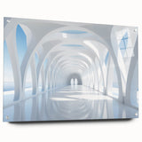 Large abstract wall art in muted gray and blue tones on acrylic glass, suitable for bedroom or dining room decor.