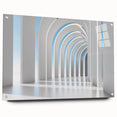 Large abstract wall art in muted gray and blue tones on acrylic glass, suitable for a modern dining room setting.