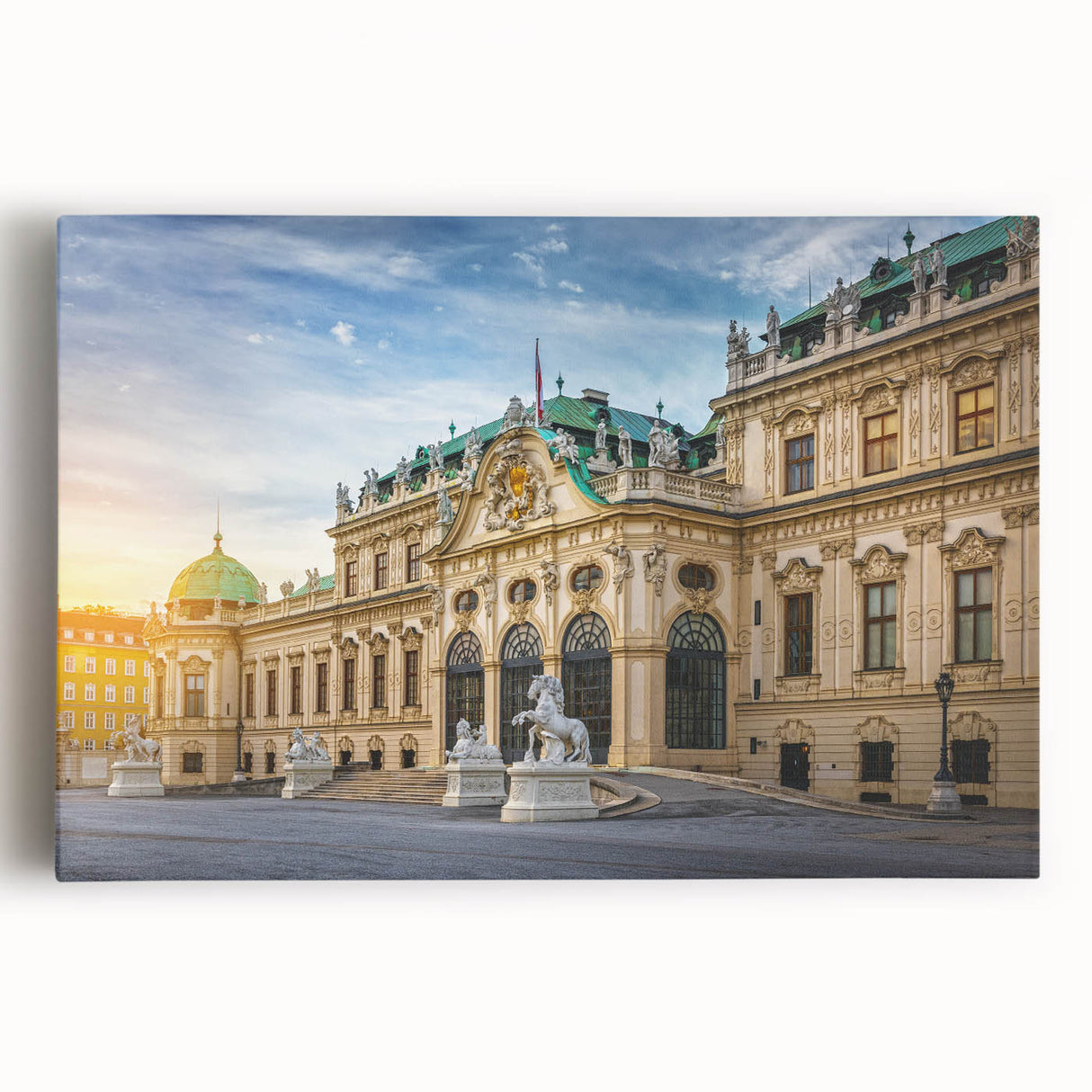 Large black and white photo of architectural museums on stretched canvas, ideal for kitchen wall art.