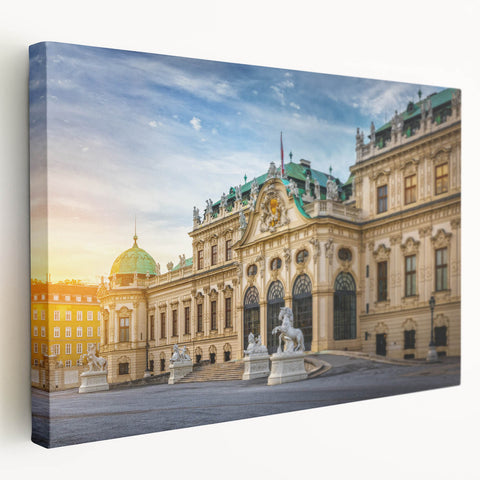 Large stretched canvas depicting a modern architectural museum design in muted gray tones, ideal for kitchen wall art.