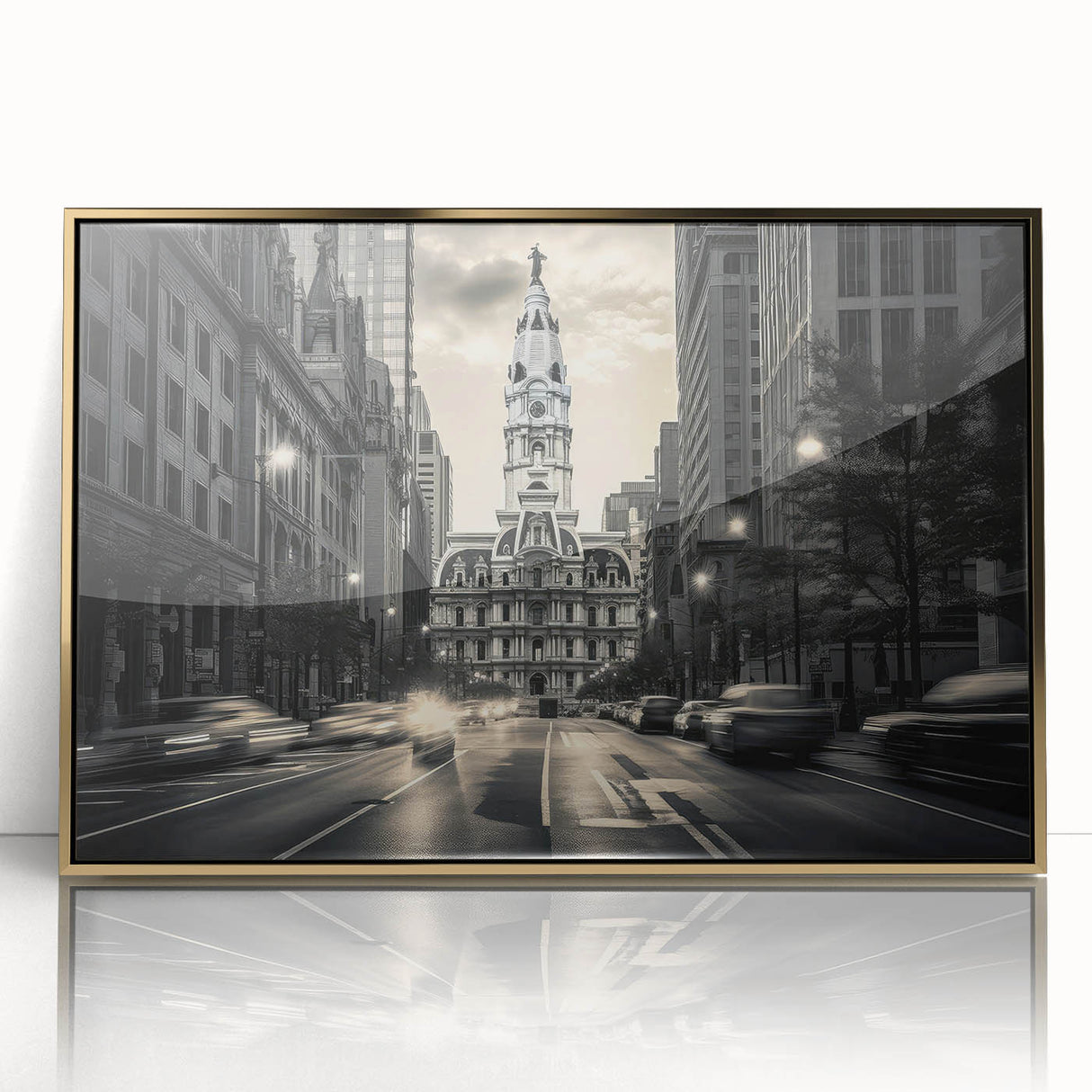 Large acrylic print of a mid-century modernist architecture museum design in muted gold tones.