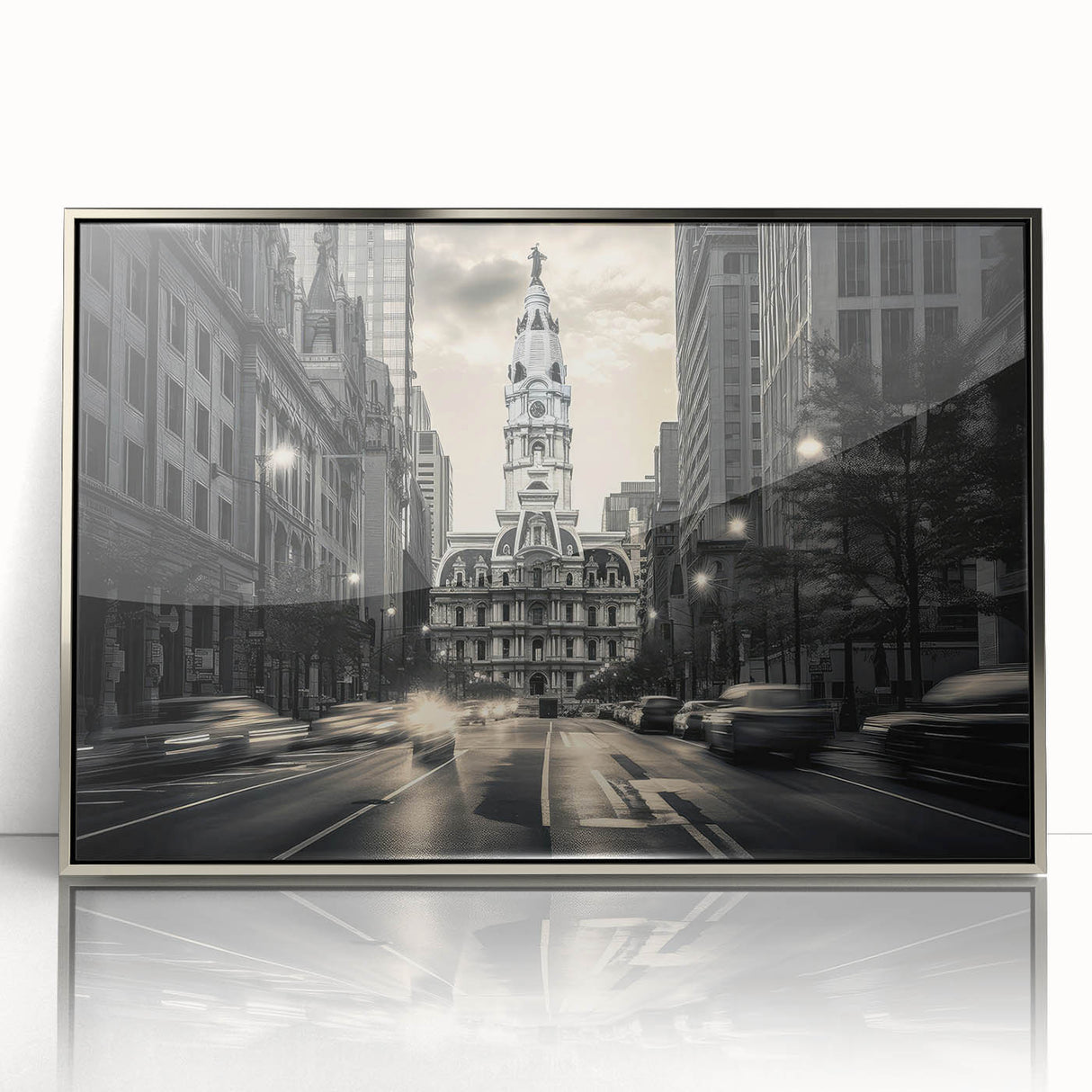 Mid-century modernist art featuring geometric shapes in muted silver and gray tones on framed acrylic.