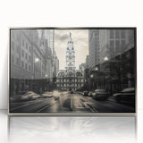 Mid-century modernist art featuring geometric shapes in muted silver and gray tones on framed acrylic.