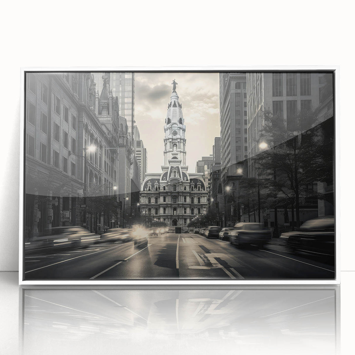Art Deco poster of a stylized architecture museum design in muted gray, framed in white acrylic.