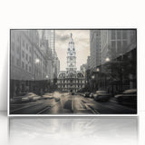 Art Deco poster of a stylized architecture museum design in muted gray, framed in white acrylic.