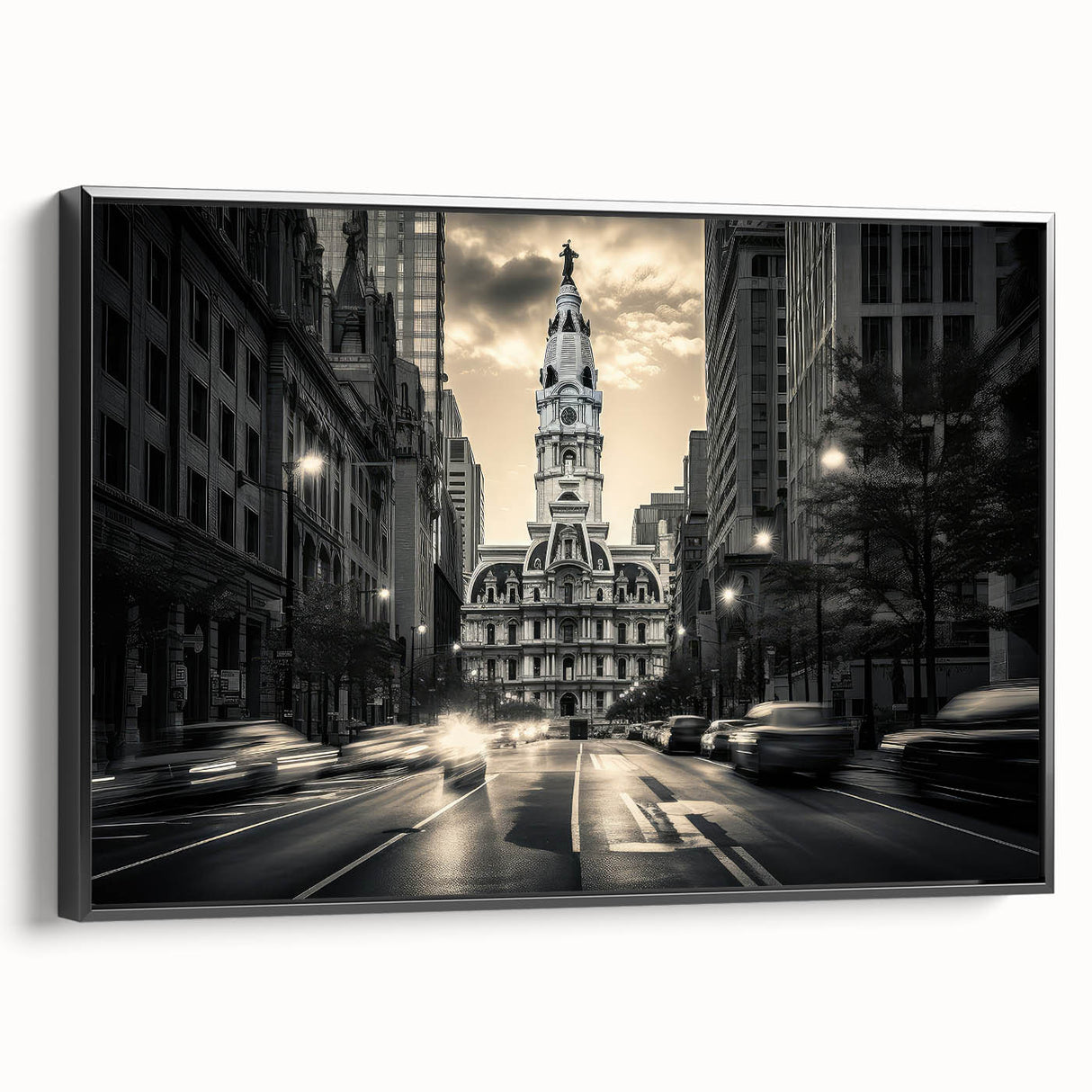 Black and white framed canvas featuring a vintage poster art style landscape, suitable for bedroom decor.