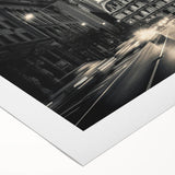 Art deco poster featuring geometric shapes and metallic colors on a rolled canvas.
