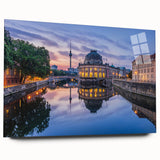 Large abstract wall art on acrylic glass depicting vibrant fluid shapes in blue and orange.