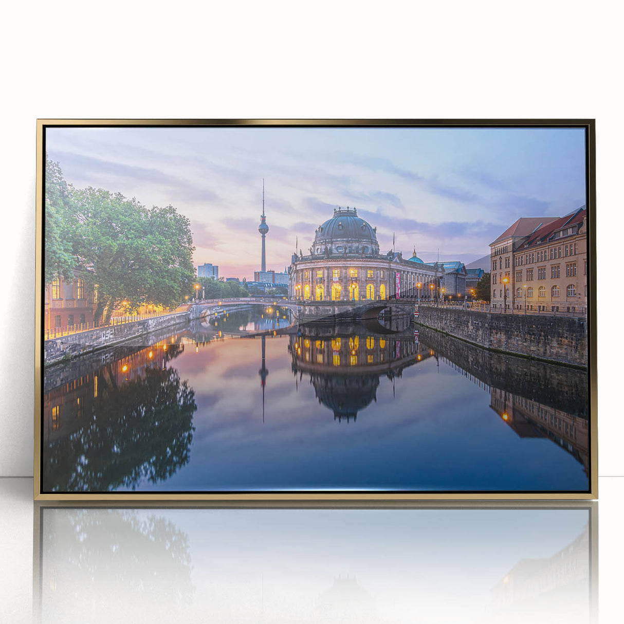 Large acrylic print of a mid-century modernist architecture museum design in gold tones, ideal for modern art wall decor.