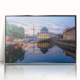 Mid-century modernist art of abstract geometric shapes in muted tones on a framed acrylic, ideal for nursery wall decor.