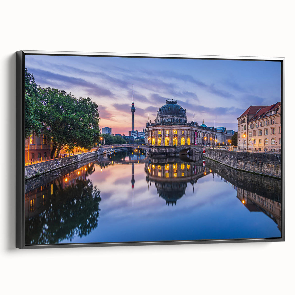 Black and white framed canvas featuring a vintage landscape painting, ideal for bedroom wall decor.