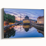 Landscape art painting featuring a vintage cityscape in colorful hues on a framed canvas, ideal for office decor.