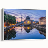 Extra large framed canvas featuring vintage poster art of a museum, predominantly black with colorful accents.