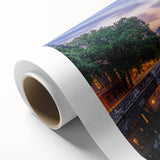 Art deco poster of a geometric skyline in muted gold and navy, on rolled canvas, ideal for nursery wall art.