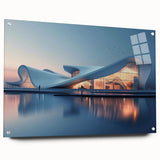 Large abstract wall art on acrylic glass, featuring swirling blue and gray tones, suitable for bedroom or dining room decor.