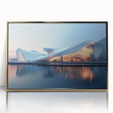 Large art print of a mid-century modernist architecture museum design in gold tones on acrylic.