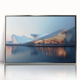 Mid-century modernist art of abstract cityscape in muted gray and blue tones, acrylic print framed in silver.