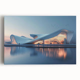 Large black and white photo of an architectural museum on stretched canvas, ideal for kitchen wall art.