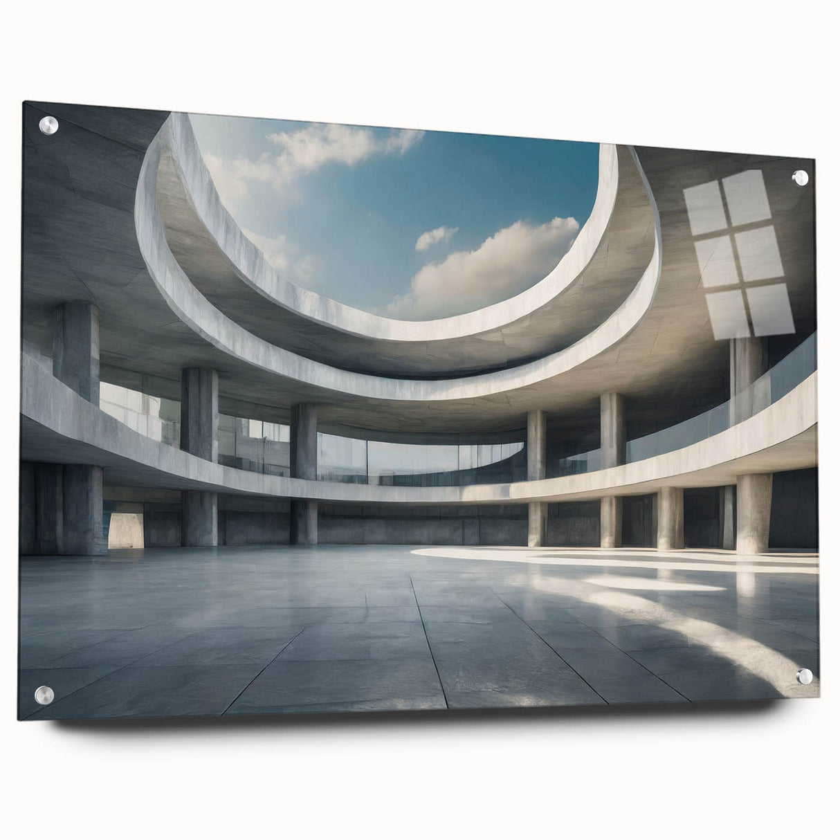 Large abstract wall art on acrylic glass featuring swirls of blue and gray, ideal for bedroom or dining room decor.