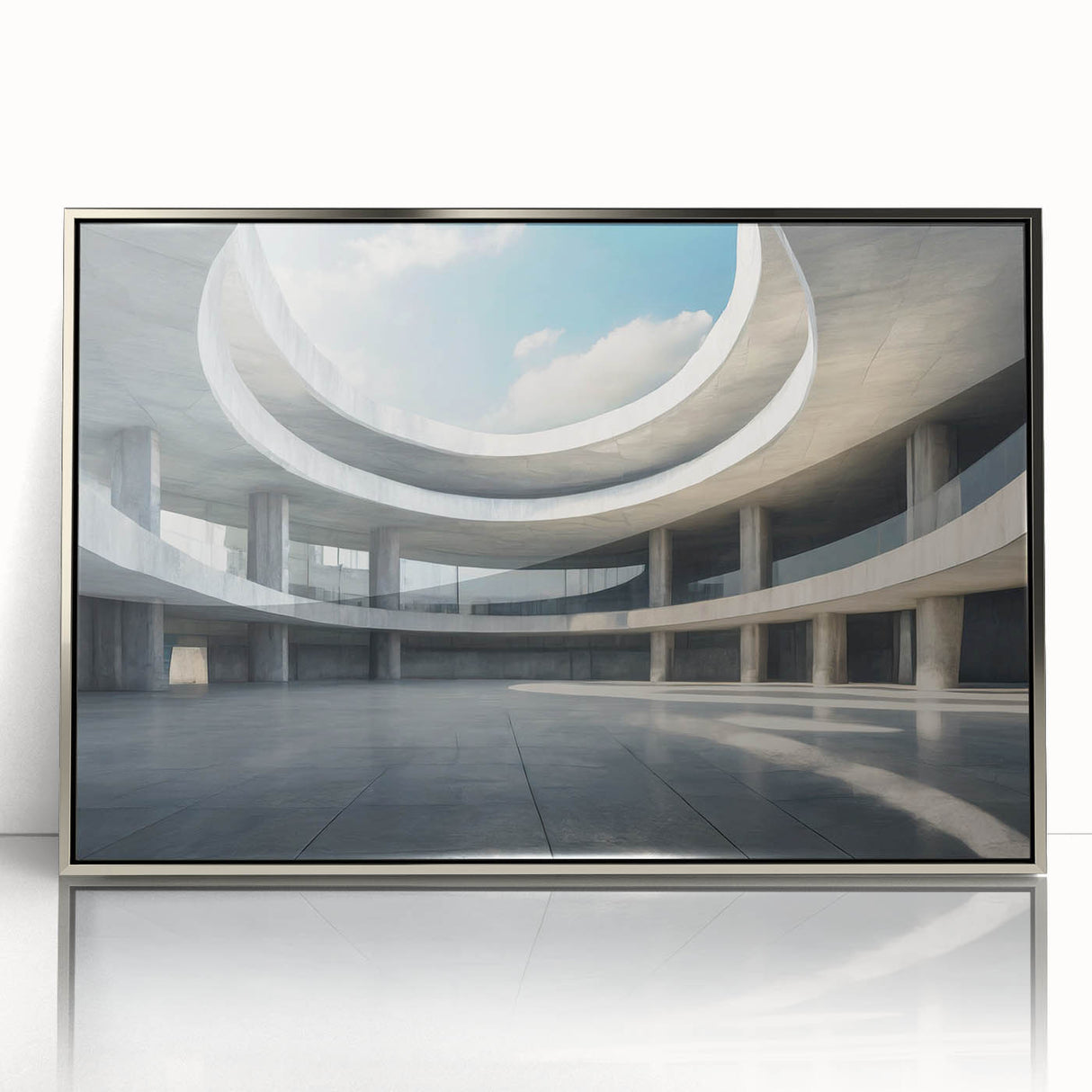 Mid-century modernist art depicting geometric shapes in muted tones on a silver-framed acrylic print.