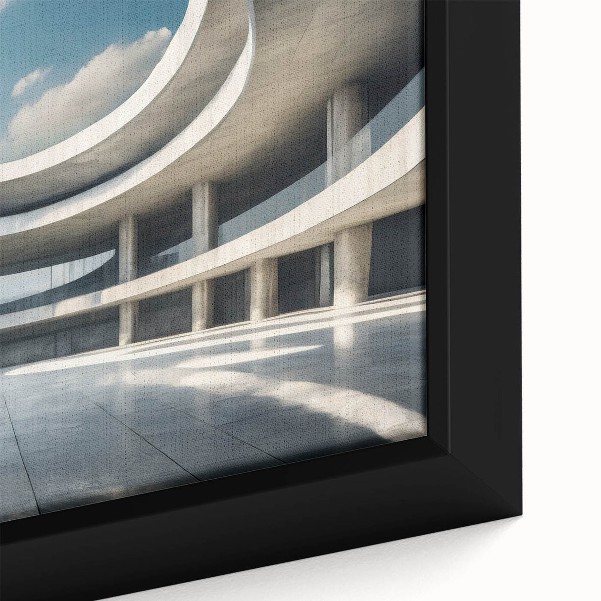 Extra large framed canvas featuring a textured depiction of colorful, abstract architecture.