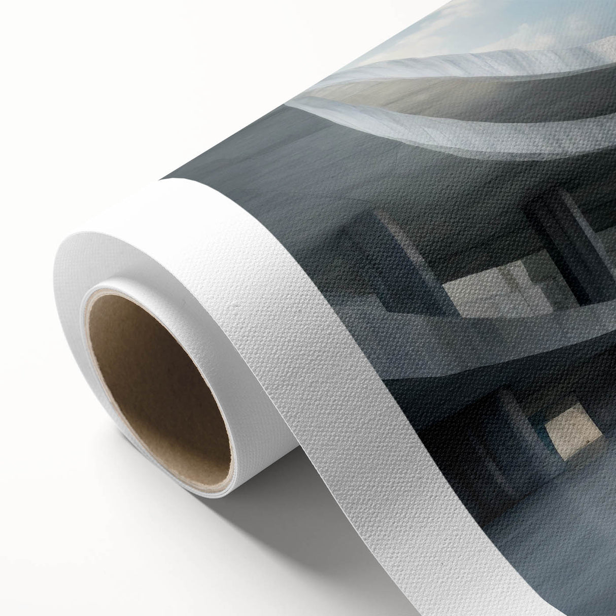 Art Deco poster of a streamlined cityscape in monochrome shades, printed on rolled canvas, ideal for nursery wall art.