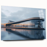 Large abstract wall art on acrylic glass, featuring fluid blue and gray tones, ideal for bedroom or dining room decor.