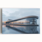 Black and white photograph on stretched canvas of an architectural museum, ideal for kitchen wall art.